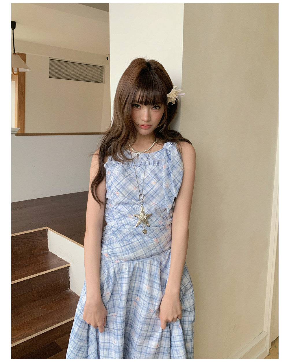 “Blue Meadow Reverie” Blue Plaid Floral Maxi Dress