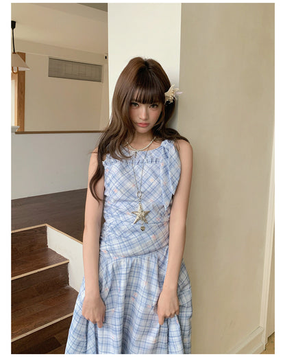“Blue Meadow Reverie” Blue Plaid Floral Maxi Dress