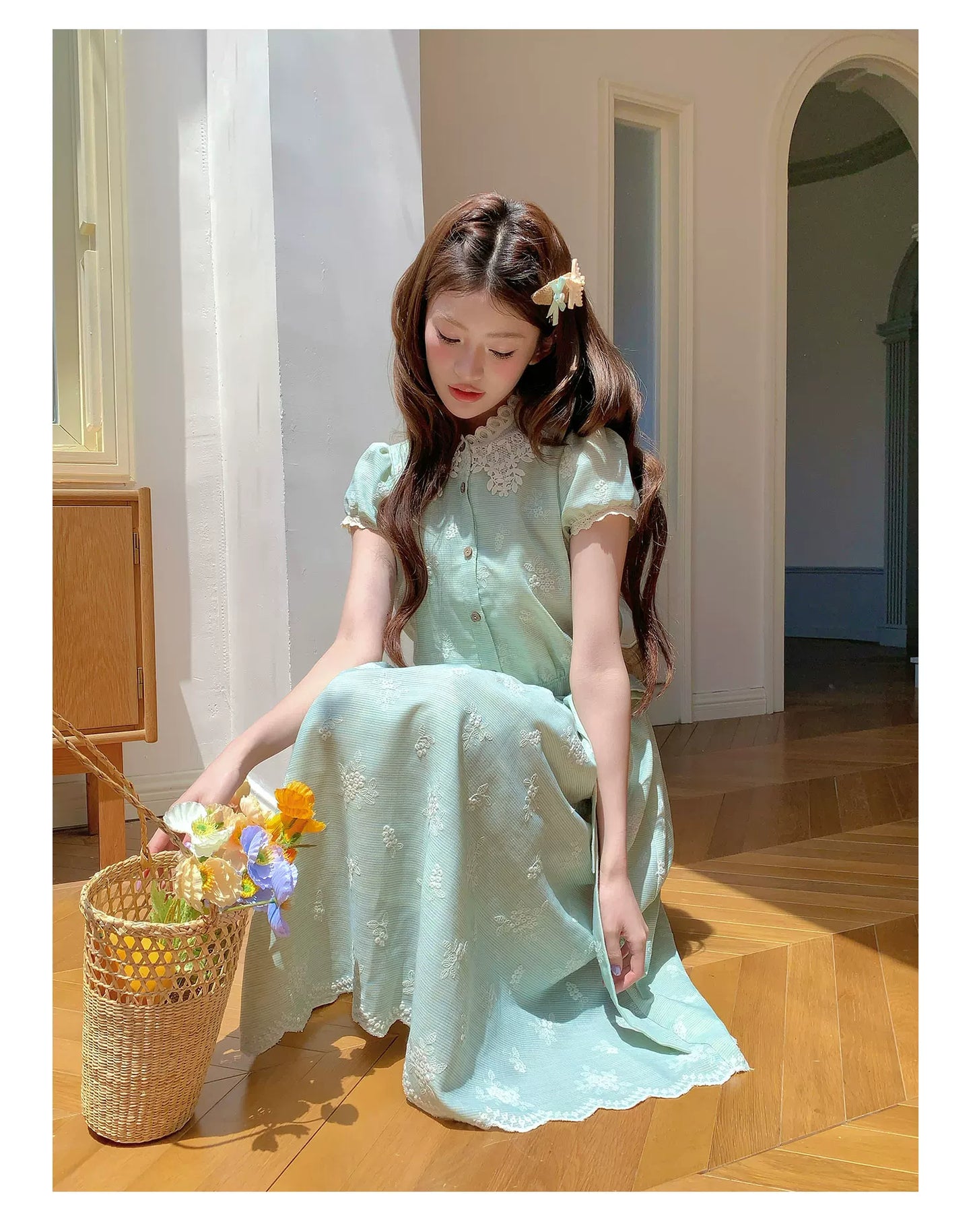“Sage Meadow Reverie” Sage Green Embroidered Shirt Dress