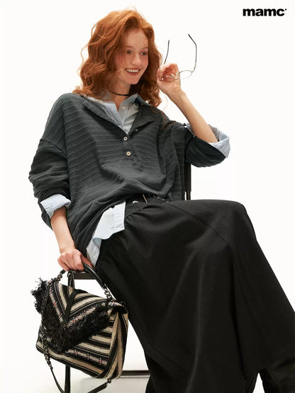 MAMC - Textured Henley Long Sleeve Top (Gray / Brown)