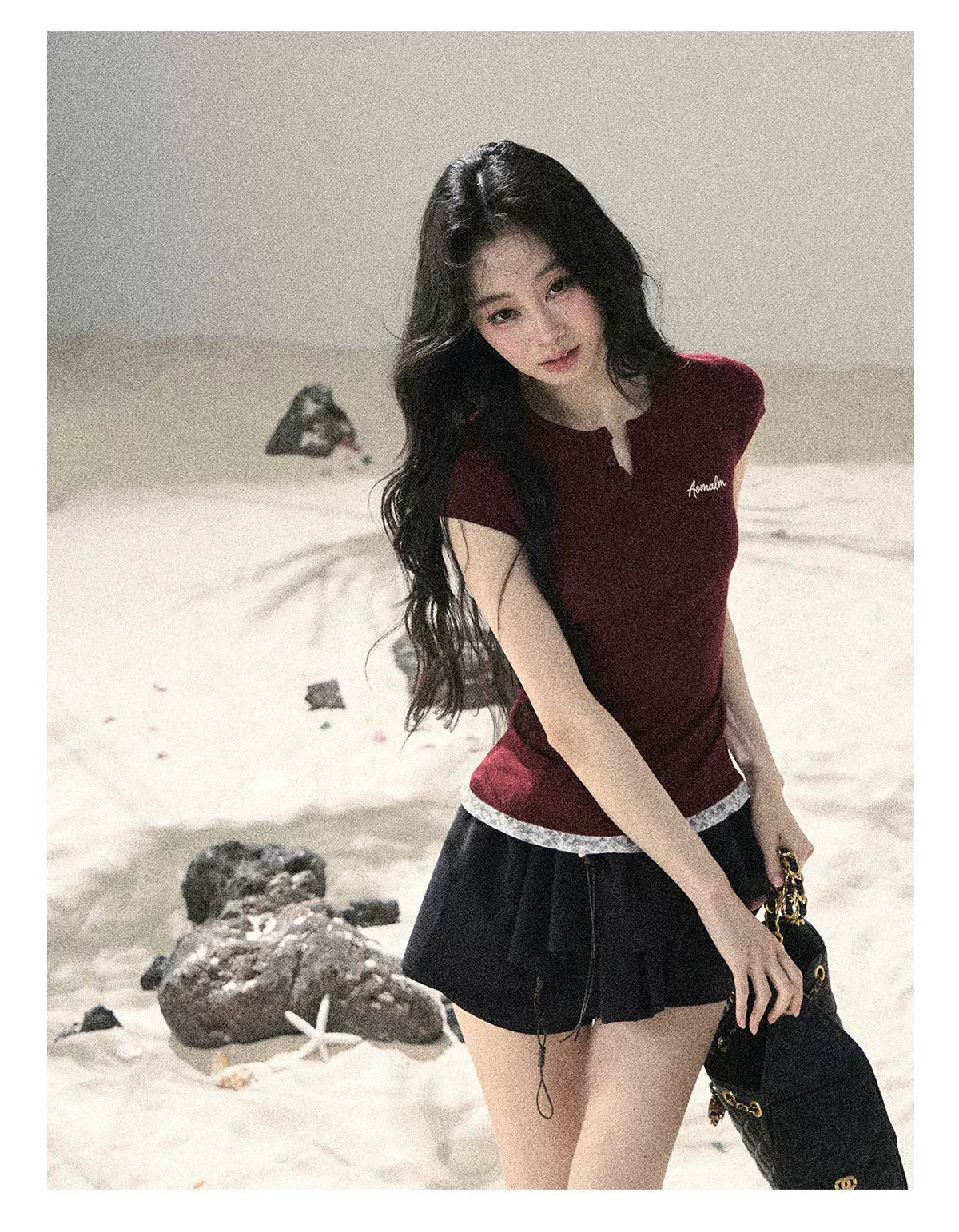 "Letter from the Tides" Burgundy Red Faux Two-Piece Lace Waist-Fit Crop Top 452436