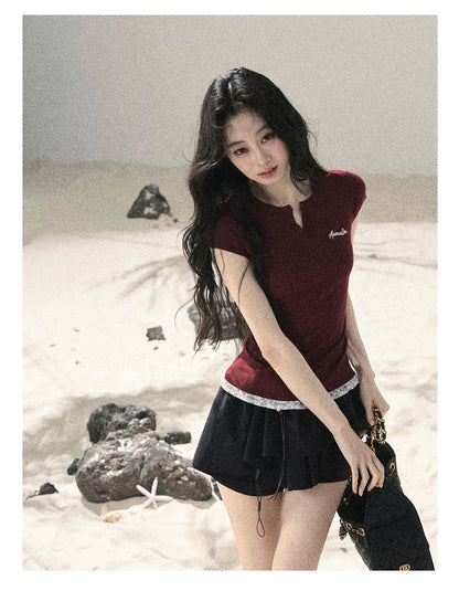 "Letter from the Tides" Burgundy Red Faux Two-Piece Lace Waist-Fit Crop Top 452436
