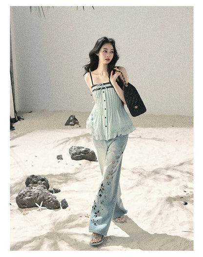"Sea Breeze Reverie" Misty Sage Lace Off-Shoulder Ruched Top 54352131