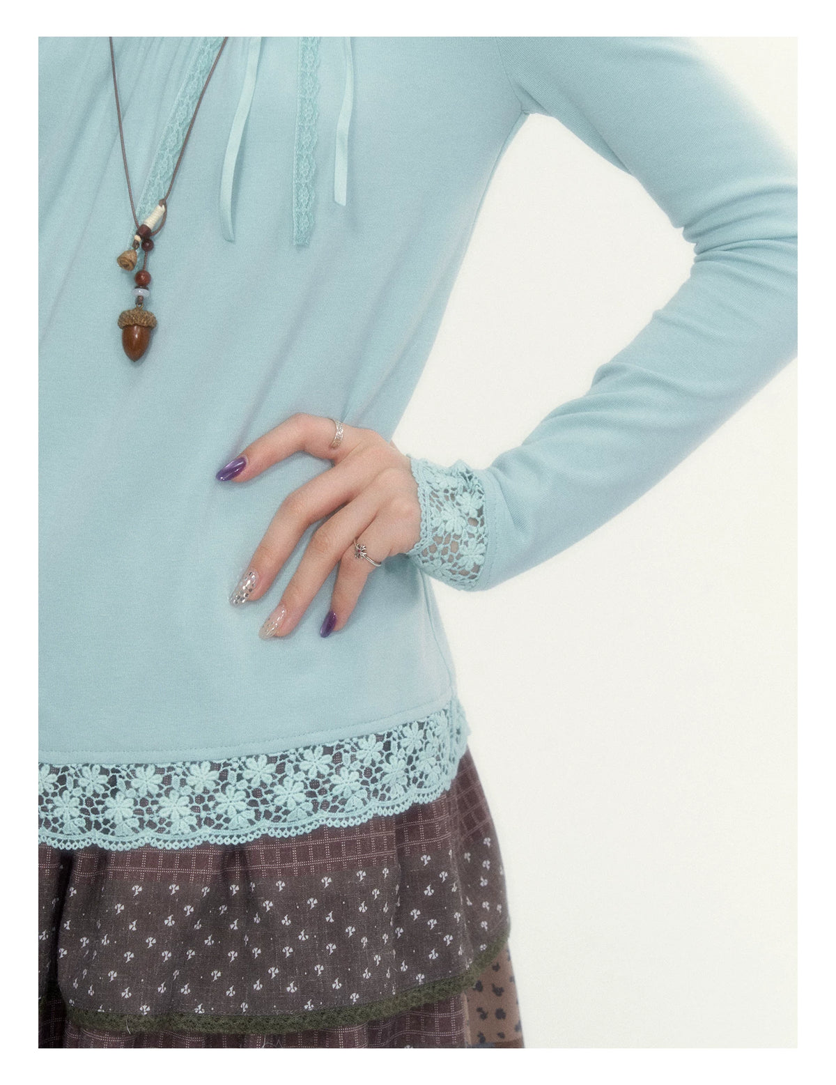 “Mint Milk Pudding” Mint Blue Lace-Trimmed Mock Neck Knit Top