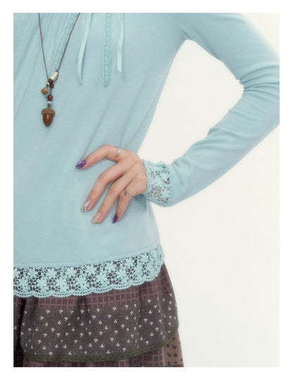 “Mint Milk Pudding” Mint Blue Lace-Trimmed Mock Neck Knit Top