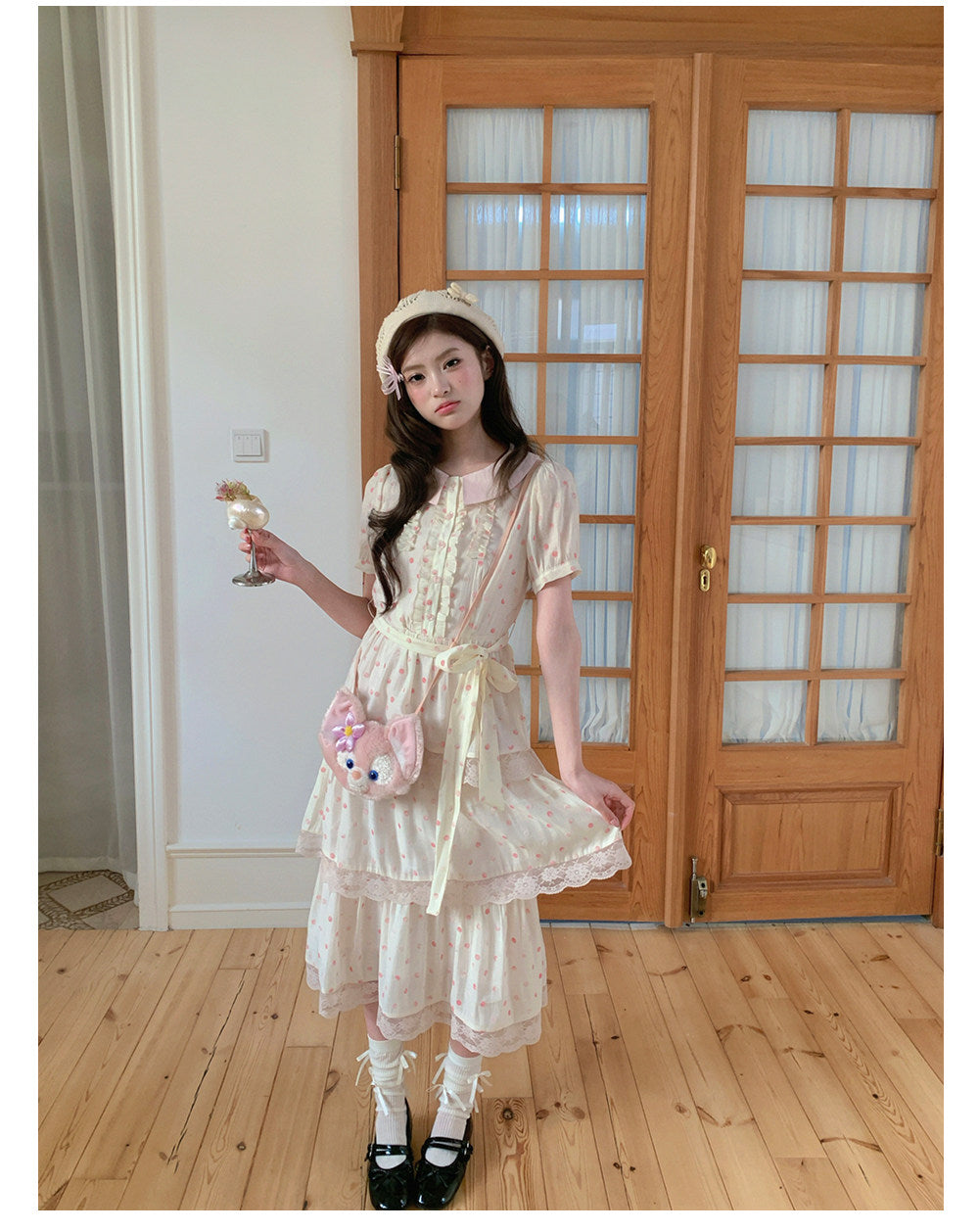 “Peach Mist Daydream” Ivory Polka Floral Cake Dress