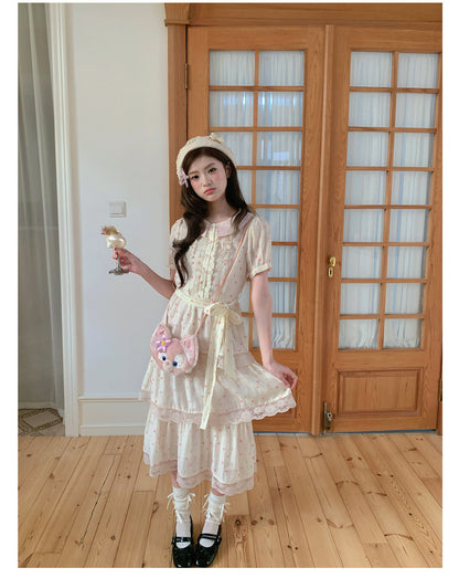 “Peach Mist Daydream” Ivory Polka Floral Cake Dress