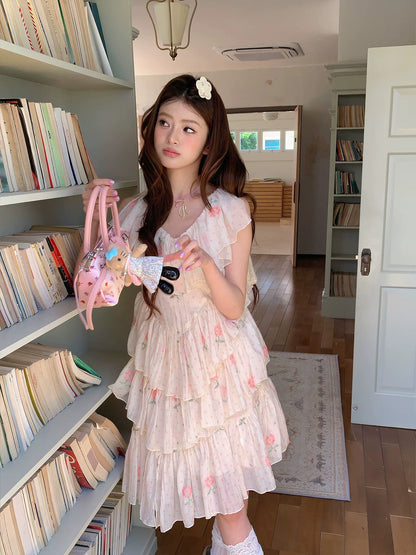 “Cloud Ruffle Reverie” Cream Apricot Floral Ruffle Dress