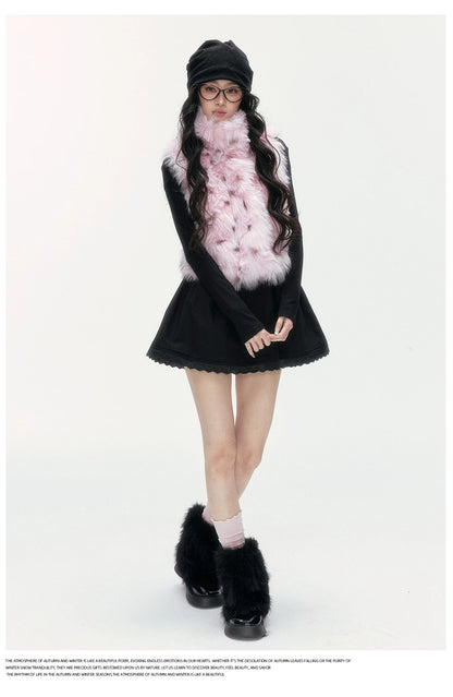 24olvides - Black and Pink Polka Dot Faux Fur Vest