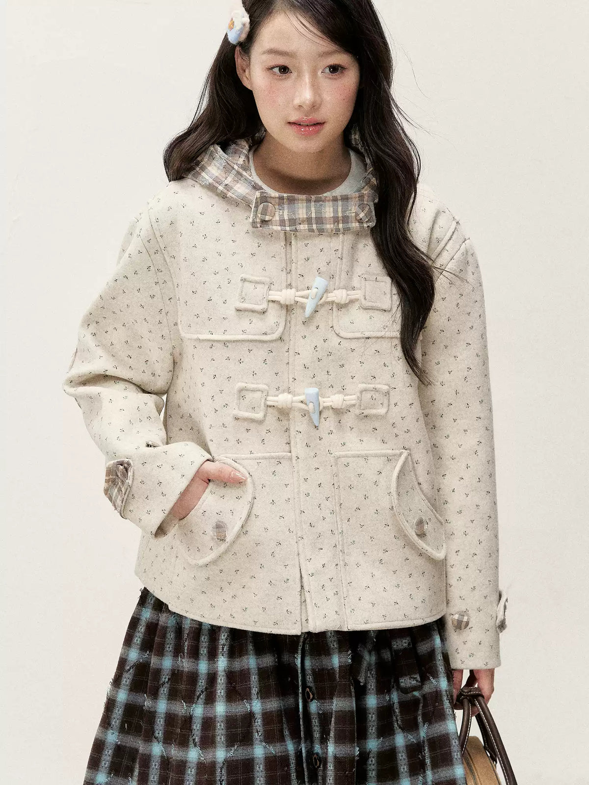 [RF] Floral Heather Beige Apricot Plaid-Trim Hooded Duffle Coat