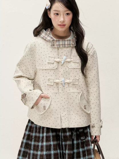 [RF] Floral Heather Beige Apricot Plaid-Trim Hooded Duffle Coat