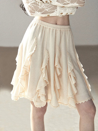 AOMALM - Cloud-Shaped French Lace Ruffle Midi Skirt – Elegant Autumn Maxi