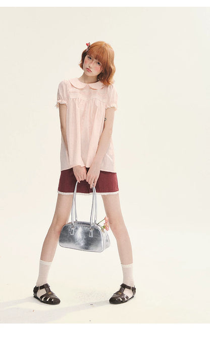 "Sweet Silhouette" Plaid Lace Trim Puff Sleeve Peter Pan Collar Blouse (Red Blue / Red White)