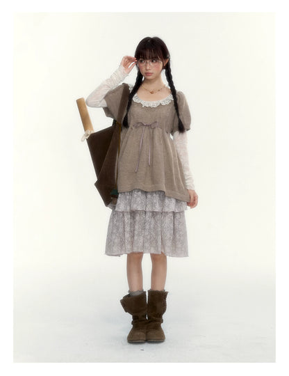 Misty Gray Pink Vintage Lace Tiered A-Line Skirt