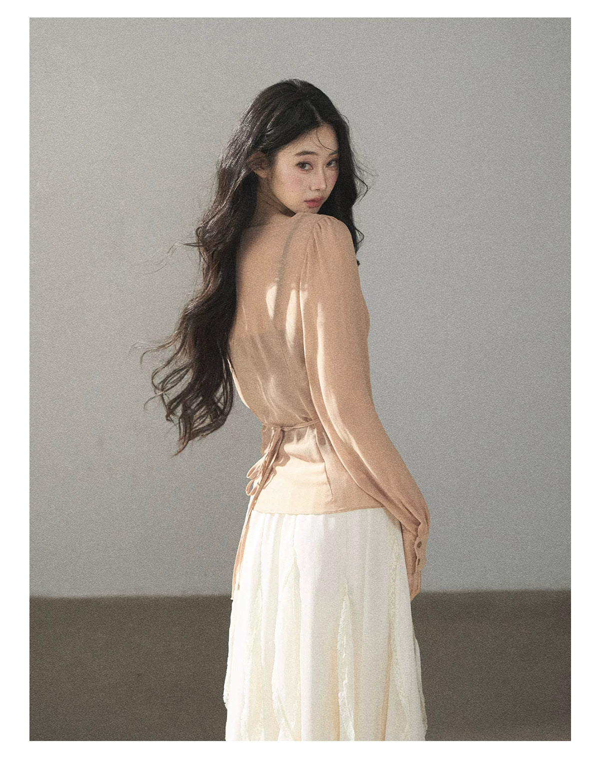 AOMALM - Cinnamon Blush Ruched Wrap Chiffon Top with Lace Cami Set