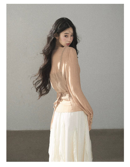 AOMALM - Cinnamon Blush Ruched Wrap Chiffon Top with Lace Cami Set