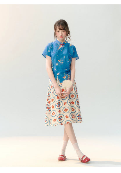 "Garden Letter" Blue Floral New Chinese Two-Piece Skirt Set