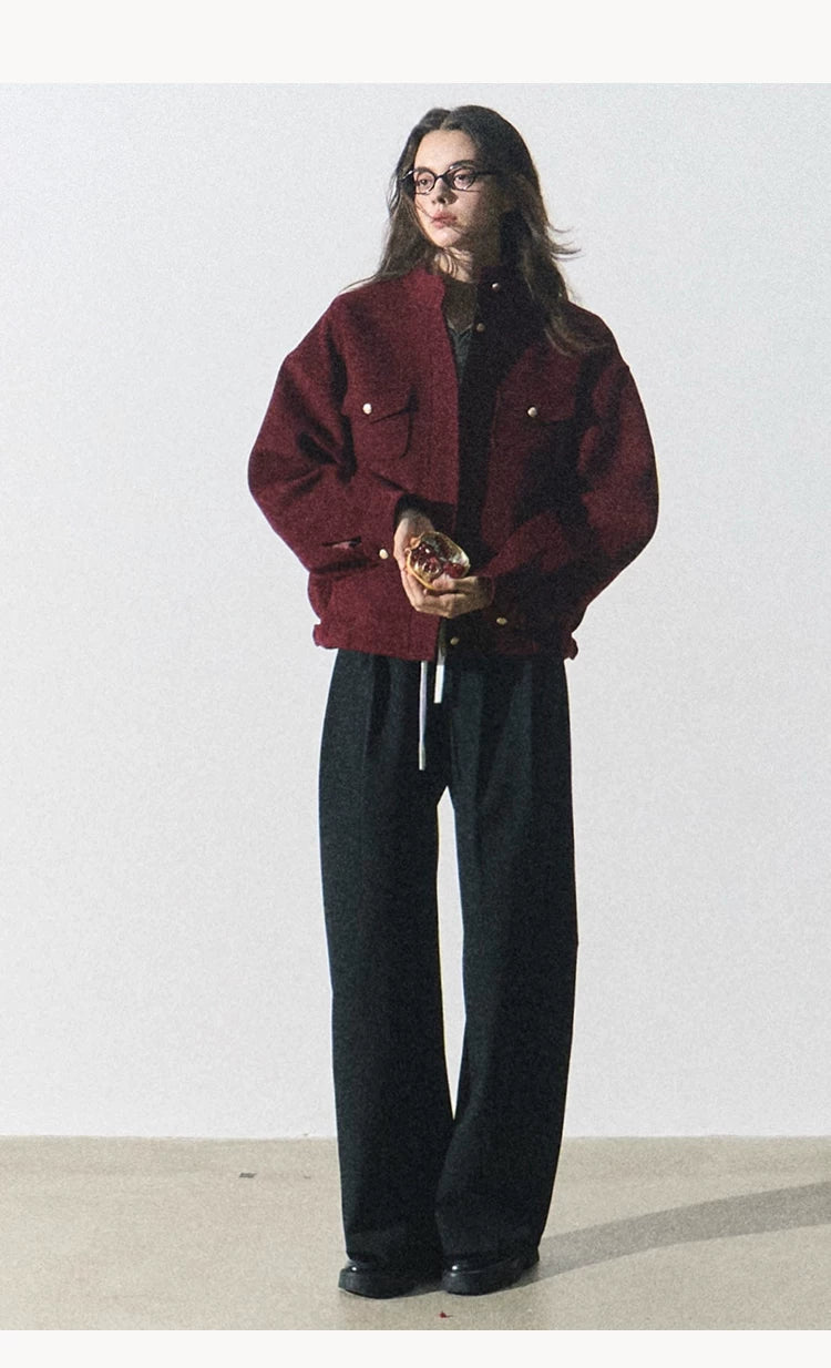 OAKMOO/ "Plum Blossom Mood" Angora Red Wool-Blend Harrington Jacket