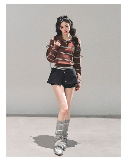 少也眼 “Between Illusion and Reality” Knit Polo Top - Mocha Brown 98465165