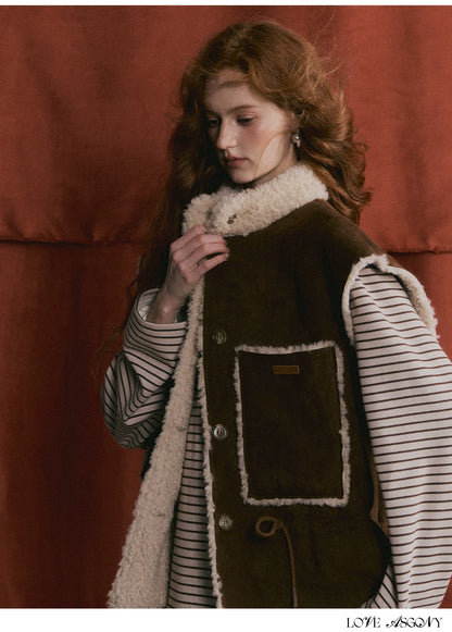 ASGONY - Brown Reversible Suede Faux Shearling Drawstring Vest