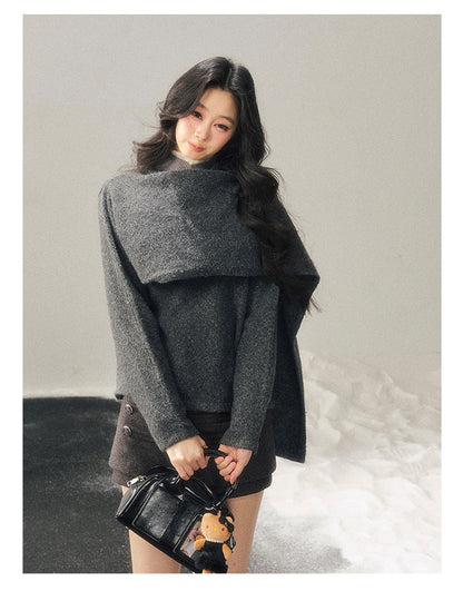 少也眼 "When Clarity Falls" Dusk Gray Layered Shawl Knit Sweater