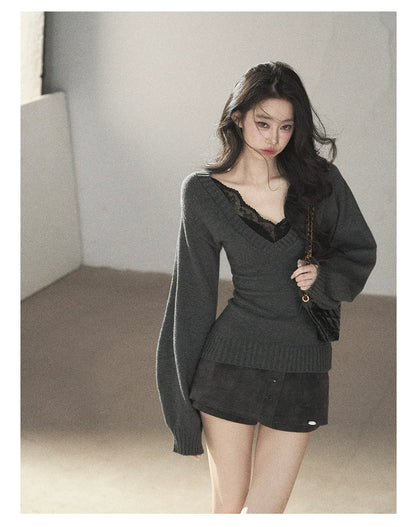 AOMALM - "Flowing River" Charcoal Gray V-Neck Ribbed Knit Sweater