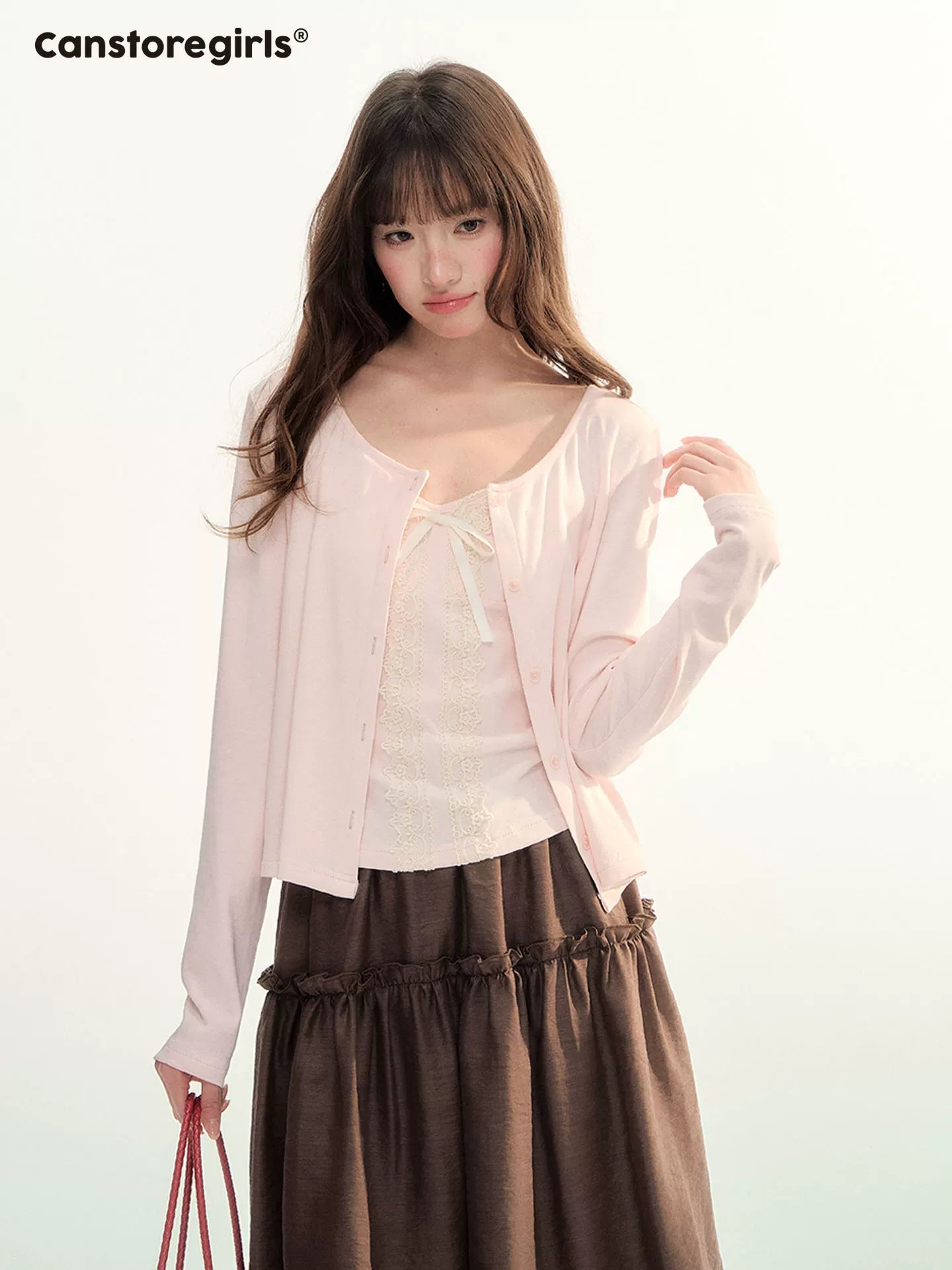 Soft Pink Lace Trim Knit Cami & Cardigan Set LL2026115