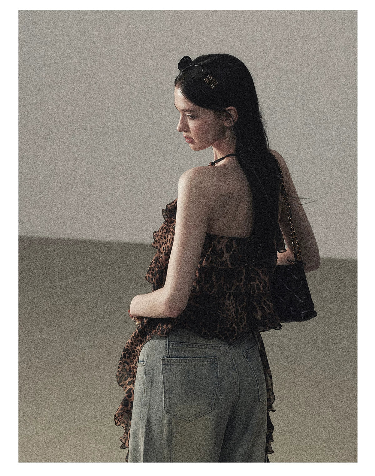 "Chasing the Sunset" Chestnut Brown Leopard Halter Ruffle Crop Top