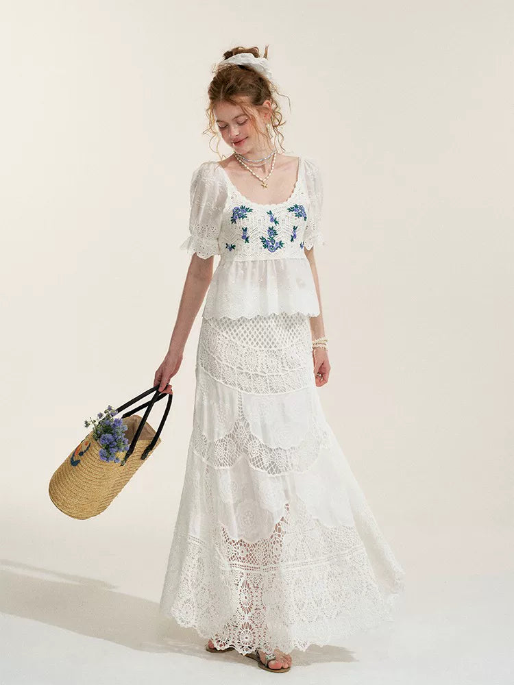 White Floral Embroidery Crochet-Detail Blouse