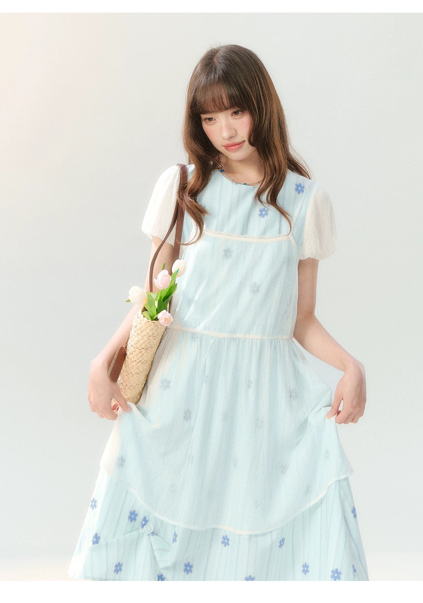 "Soft Bloom Chronicle" Blue Floral Dress & Apricot Cami Set
