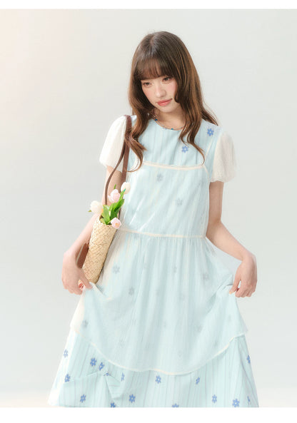 "Soft Bloom Chronicle" Blue Floral Dress & Apricot Cami Set