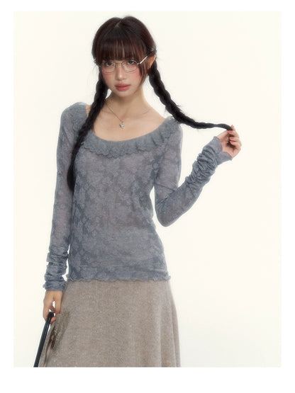 “Everyday Mist” Jacquard Lace Layering Top ( Ivory / Fog Gray )