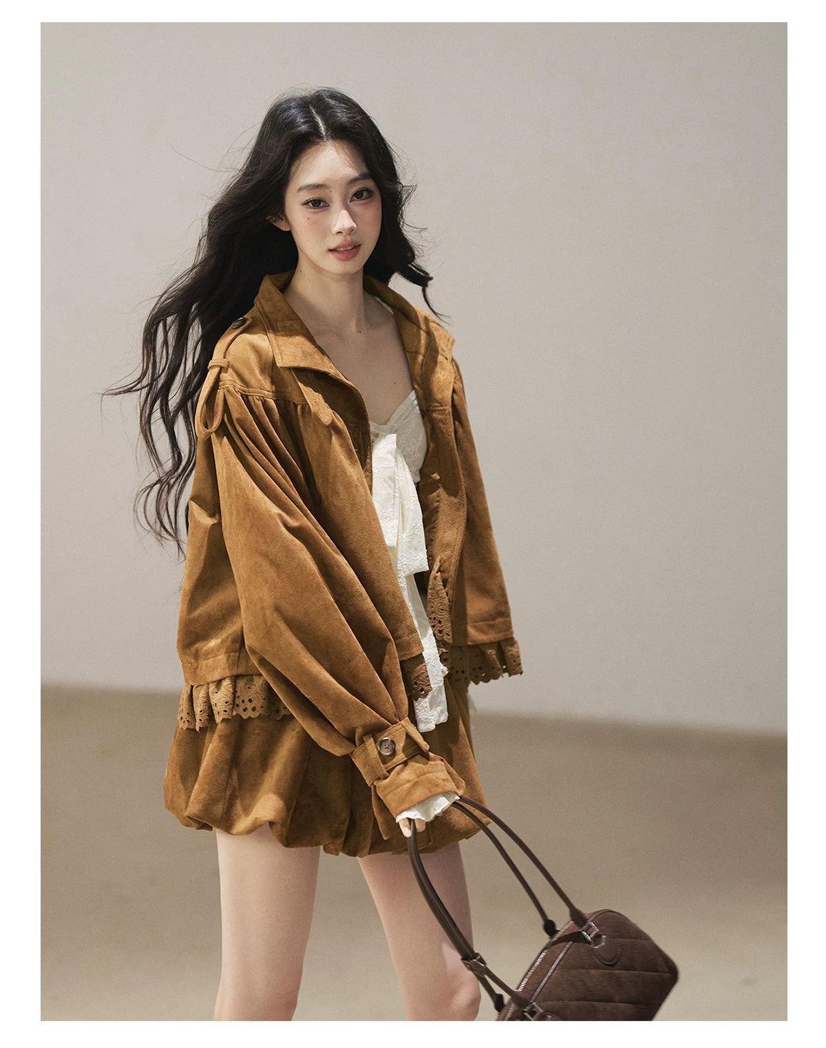 AOMALM - "Wind Through the Valley" Toasted Pecan Brown Faux Suede Jacket & Mini Skirt Set