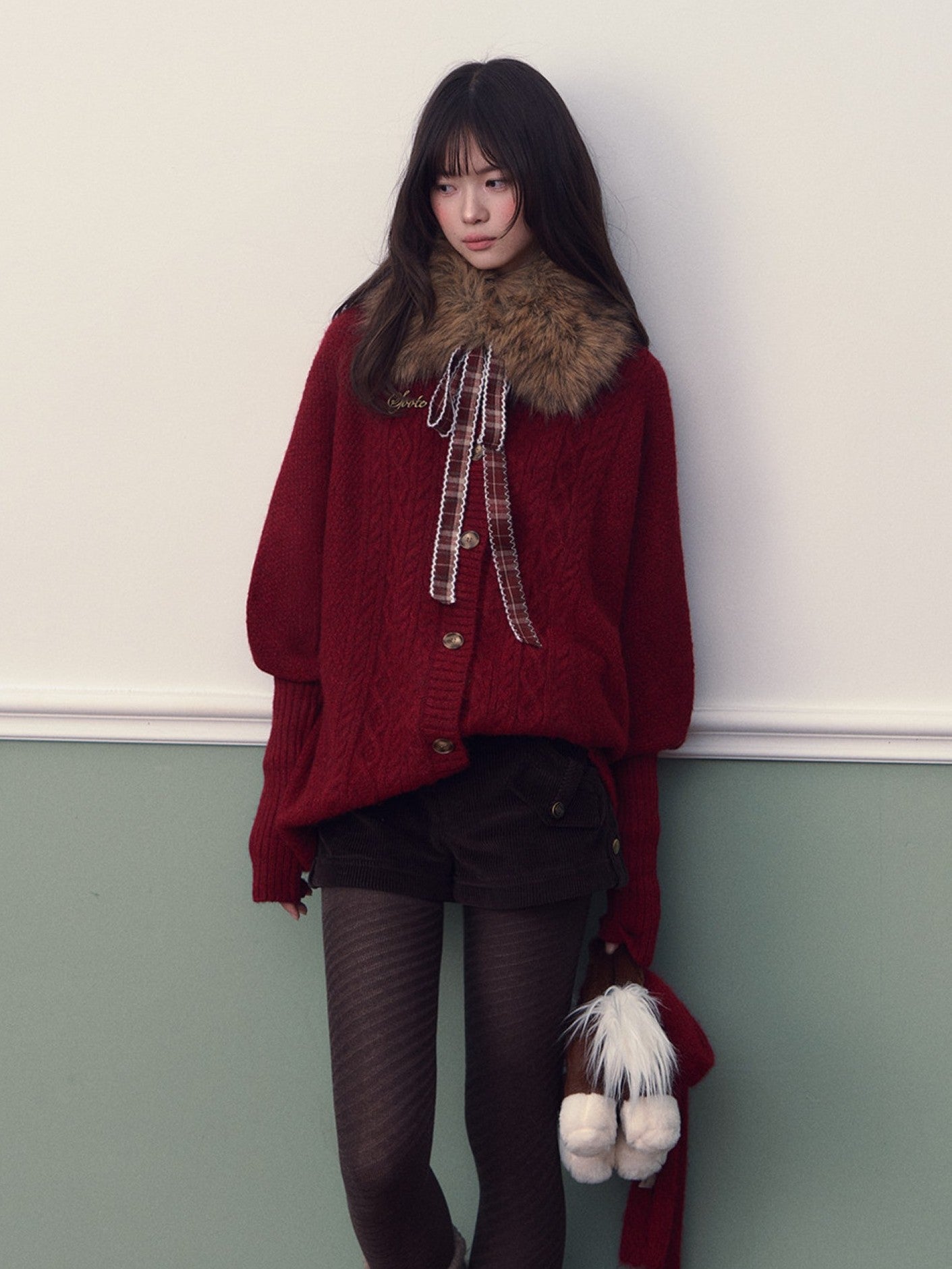 Soote Season - "Vintage Holiday Bow" Burgundy Batwing Faux-Fur Collar Cable-Knit Cardigan