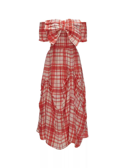 MAMC - Red Plaid Bow Maxi Dress – Off-Shoulder Waist-Cinched Vacation Outfit