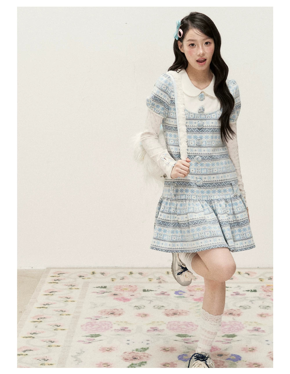 [RF] Cream Floral Peter Pan Collar Long-Sleeve Fitted Layering Top with Lace Details