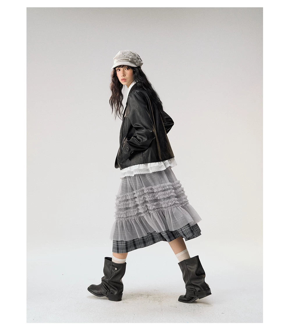 [CAN] "Gray Plaid Reverie" Gray Purple Plaid Mesh Layered Midi Skirt