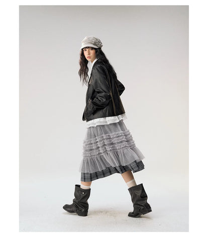 [CAN] "Gray Plaid Reverie" Gray Purple Plaid Mesh Layered Midi Skirt