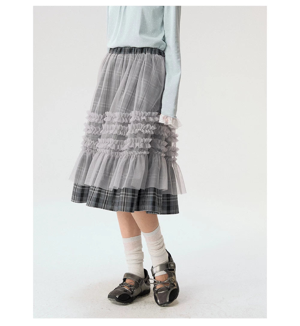 [CAN] "Gray Plaid Reverie" Gray Purple Plaid Mesh Layered Midi Skirt