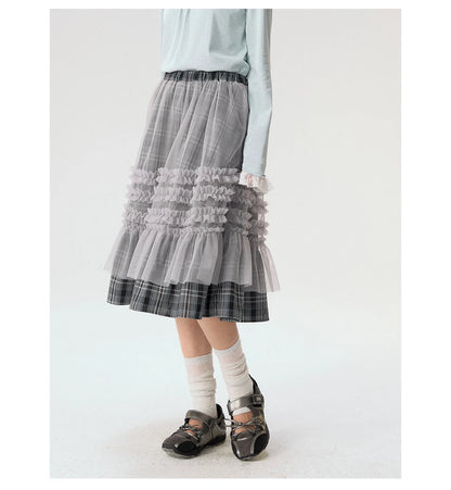 [CAN] "Gray Plaid Reverie" Gray Purple Plaid Mesh Layered Midi Skirt