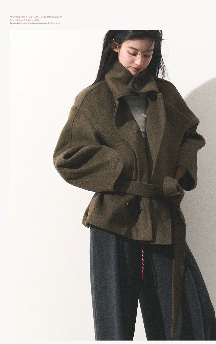 OAKMOO/ "The Flowers Are in Full Bloom" Jade Green Wool-Blend Short Belted Coat