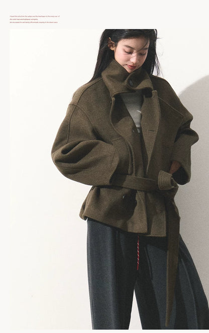 OAKMOO/ "The Flowers Are in Full Bloom" Jade Green Wool-Blend Short Belted Coat