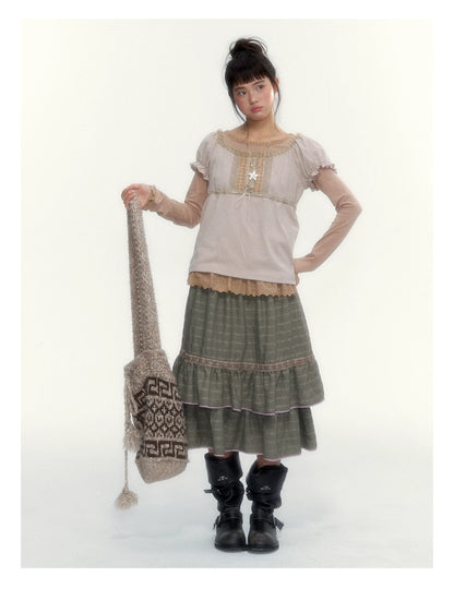 Dried Grass Green Vintage Lace Tiered A-Line Skirt