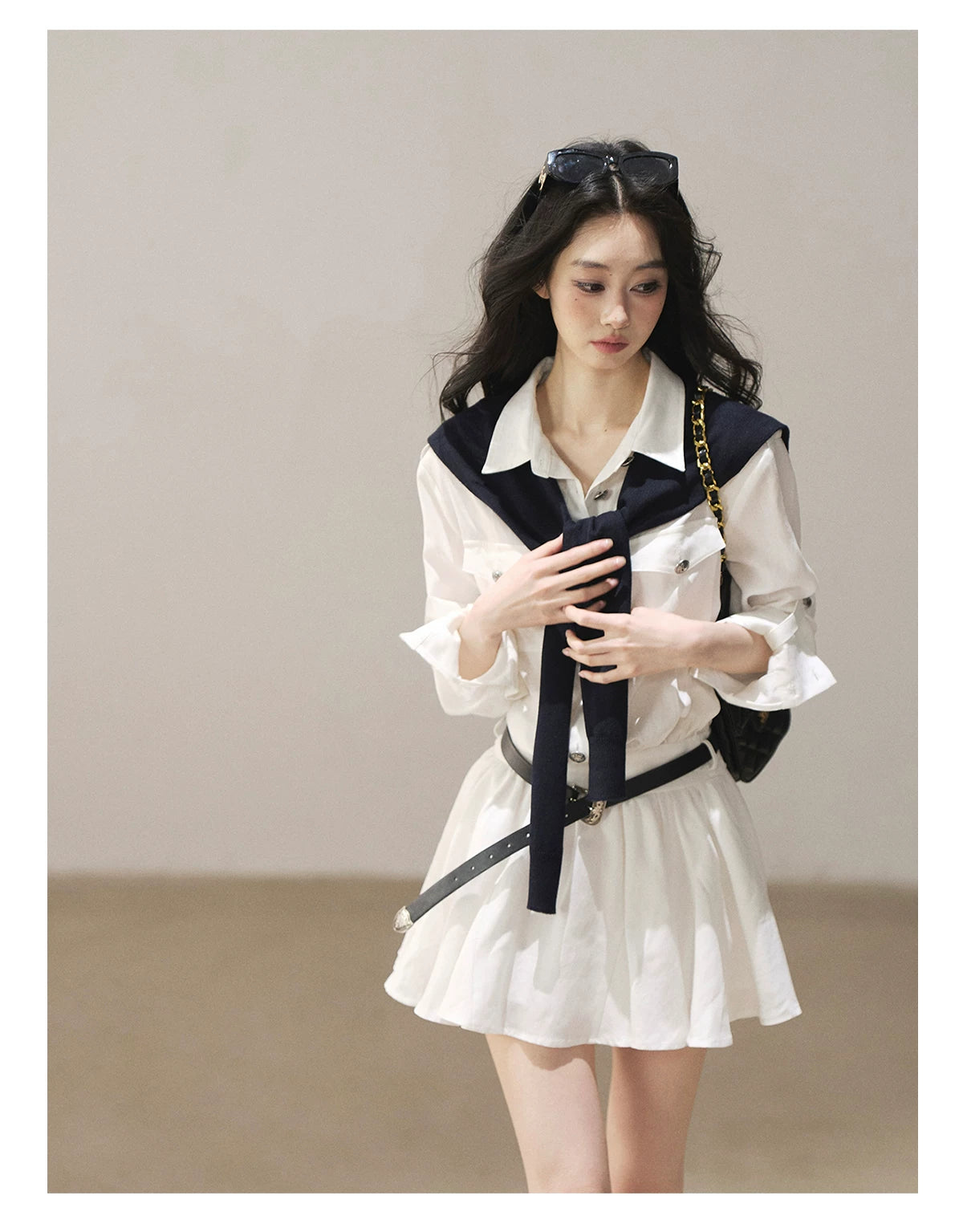 AOMALM - "Moonlight Sinks into the Sea" High-Intellect Utility Shirt Dress (Plain White / Navy Blue, with Belt & Optional Shawl)