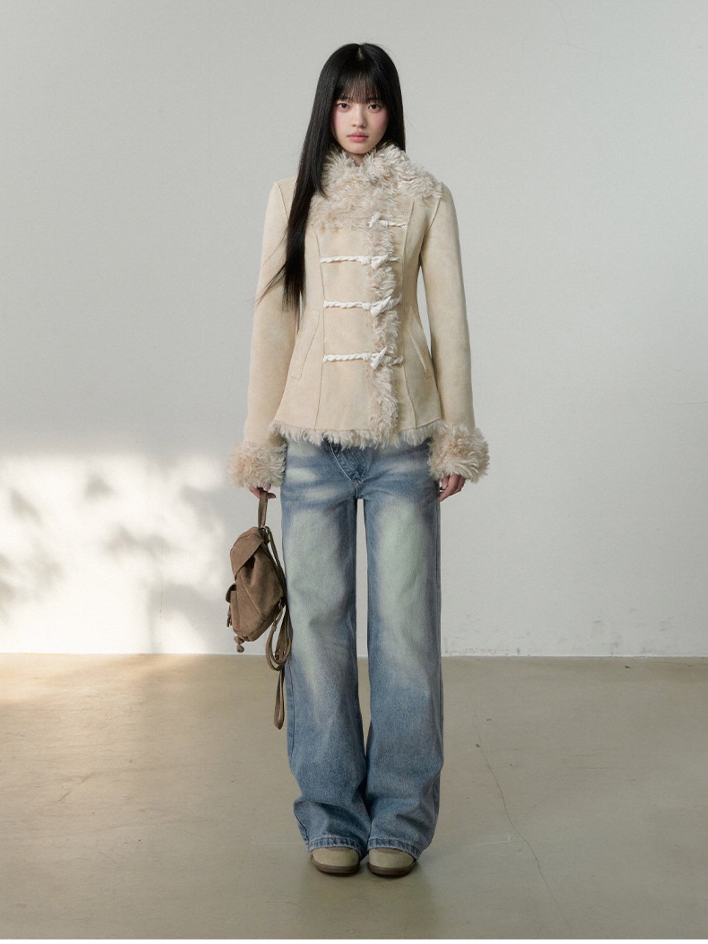 Soote Season - Cream Latte Faux Suede Toggle Belted Shearling Jacket