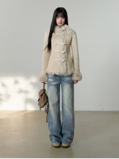 Soote Season - Cream Latte Faux Suede Toggle Belted Shearling Jacket