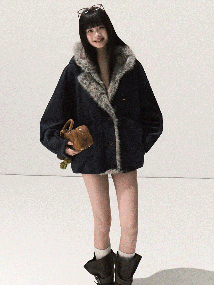 OAKMOO/ Agate Blue Faux Suede Hooded Jacket with Ombre Faux Fur