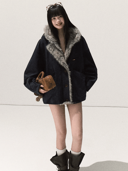 OAKMOO/ Agate Blue Faux Suede Hooded Jacket with Ombre Faux Fur