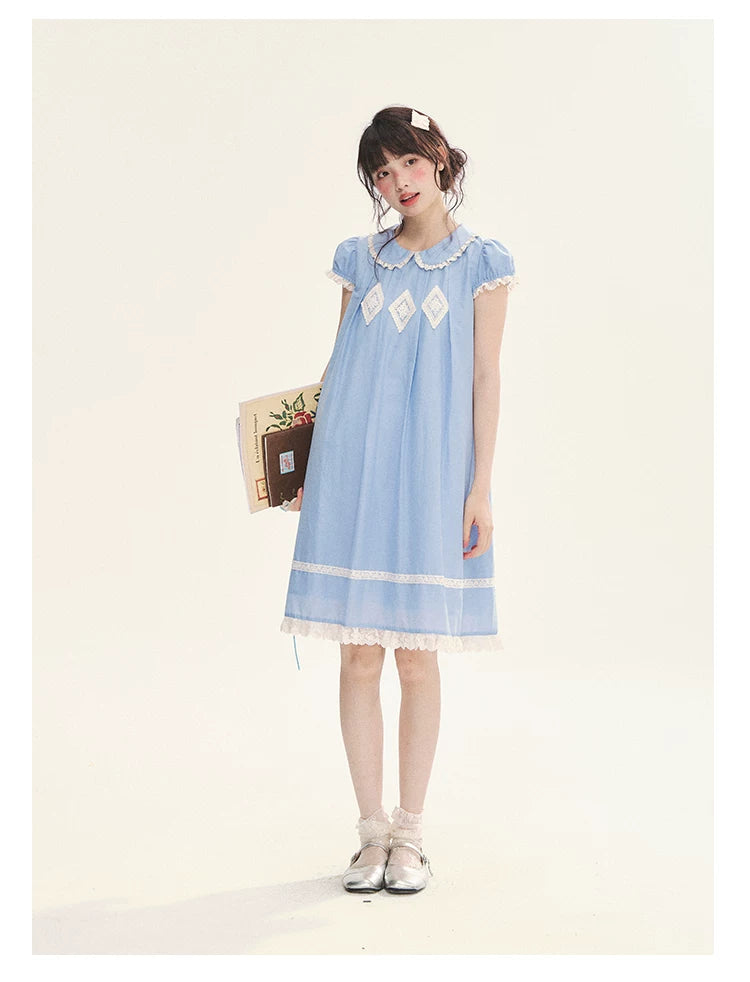 "Sweet Tea Doll" Haze Blue Lace Puff Sleeve Peter Pan Collar A-Line Dress