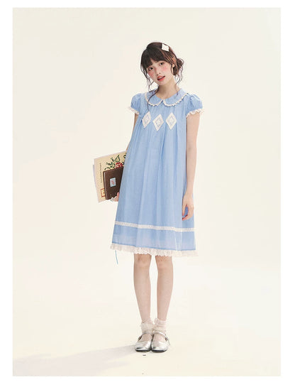 "Sweet Tea Doll" Haze Blue Lace Puff Sleeve Peter Pan Collar A-Line Dress